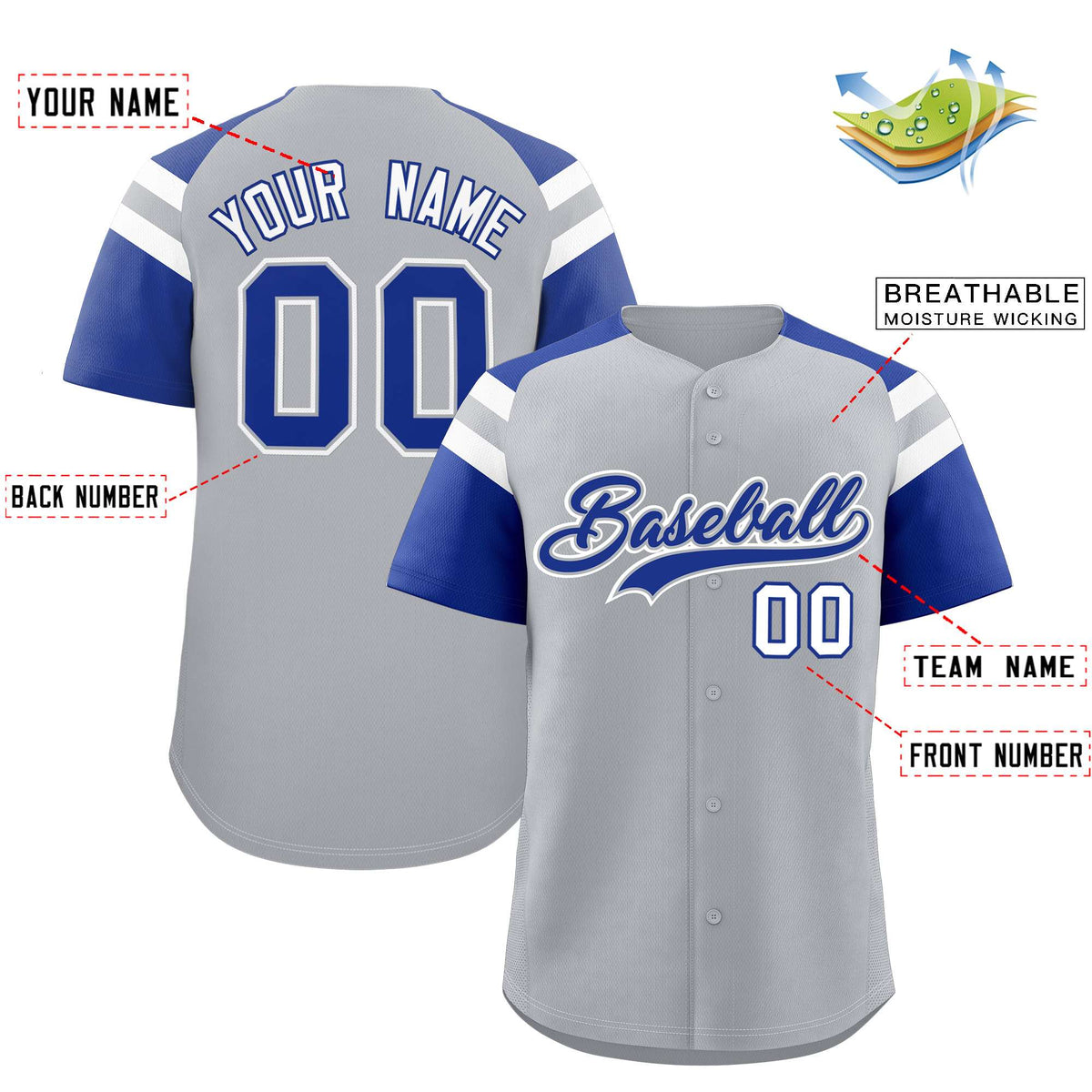 Custom Silver Royal Contrast Raglan Sleeves Authentic Baseball Jersey
