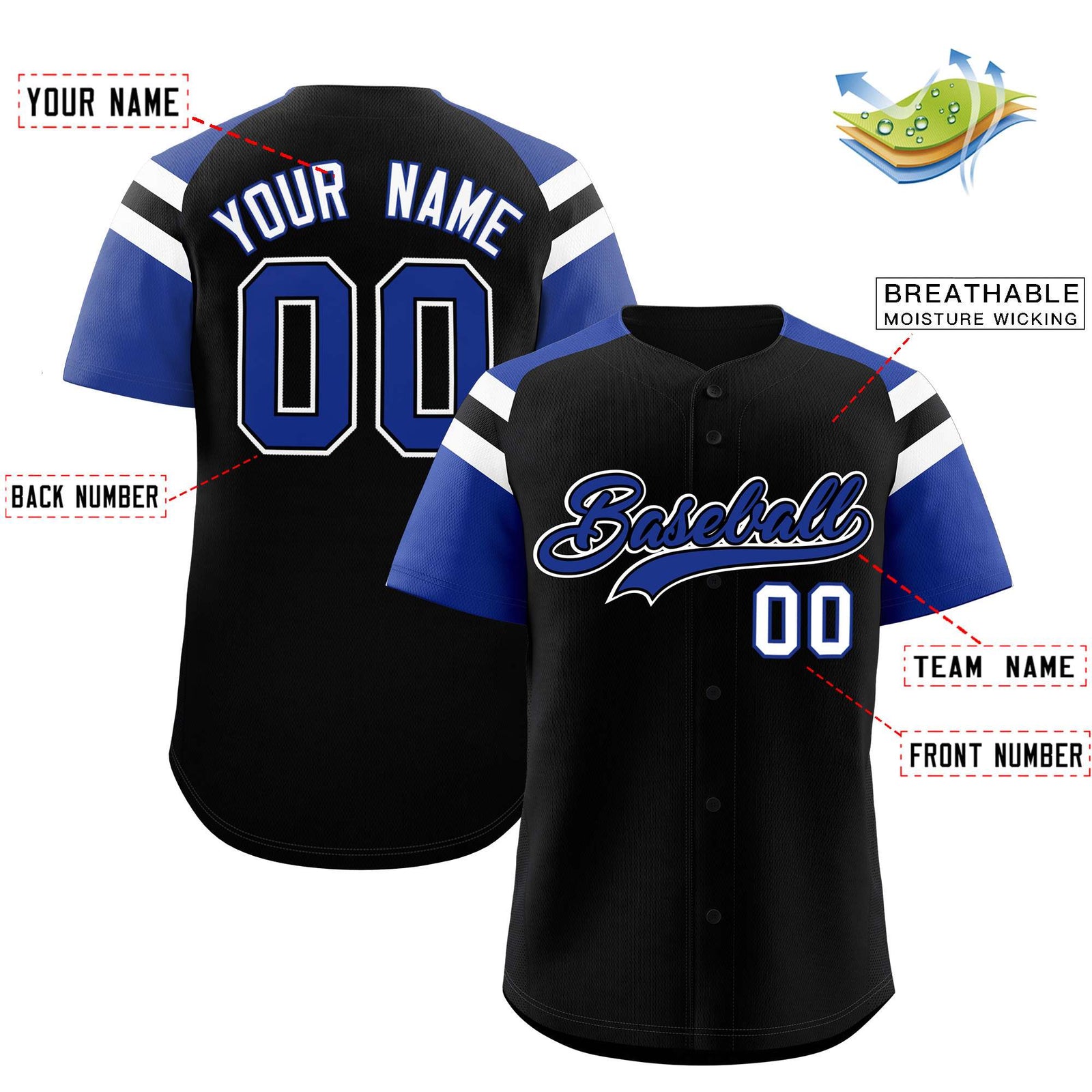 Custom Black Royal Contrast Raglan Sleeves Authentic Baseball Jersey