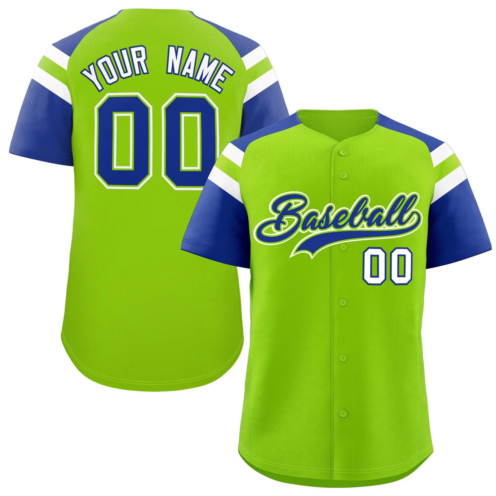 Custom Neon Green Royal Contrast Raglan Sleeves Authentic Baseball Jersey