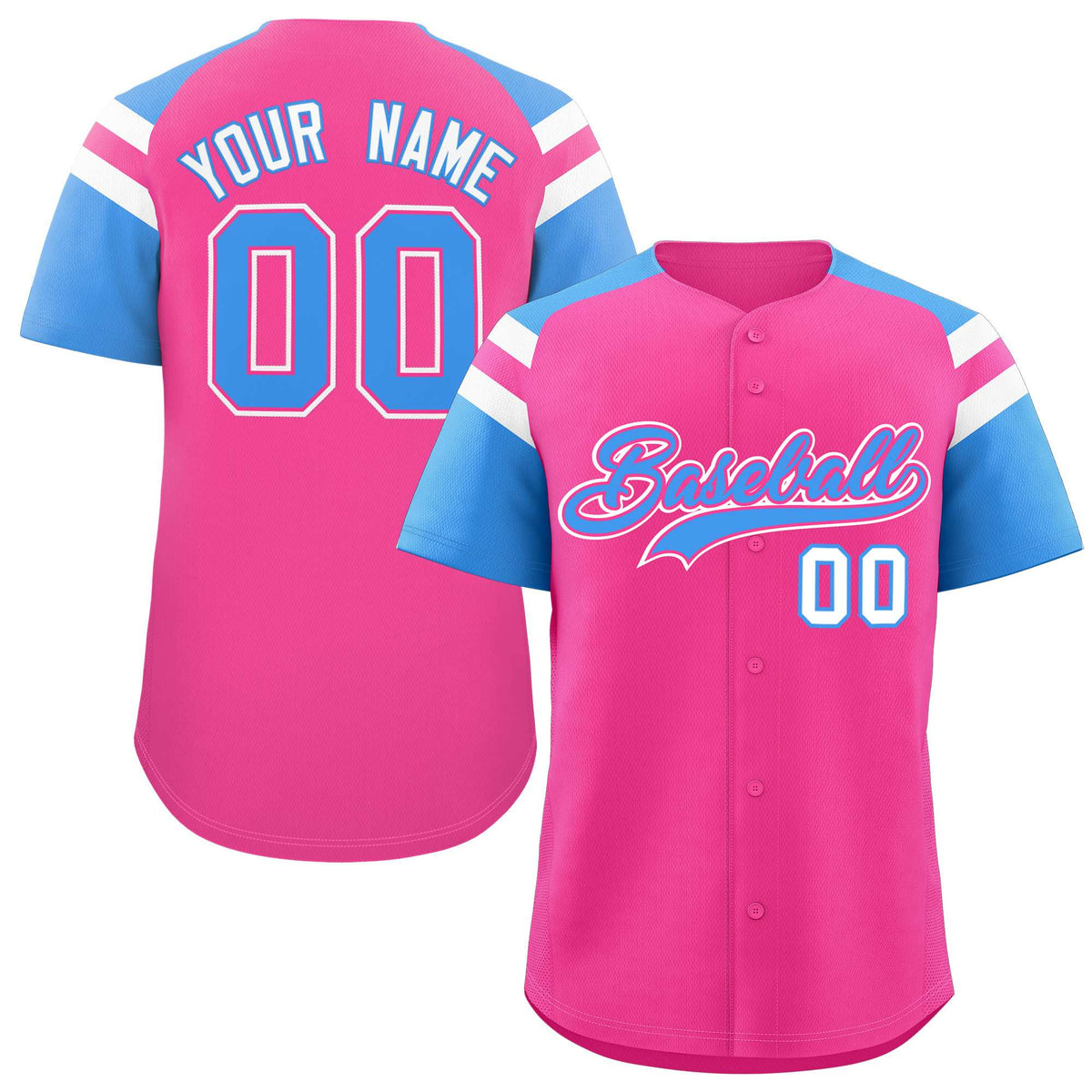 Custom Pink Powder Blue Contrast Raglan Sleeves Authentic Baseball Jersey