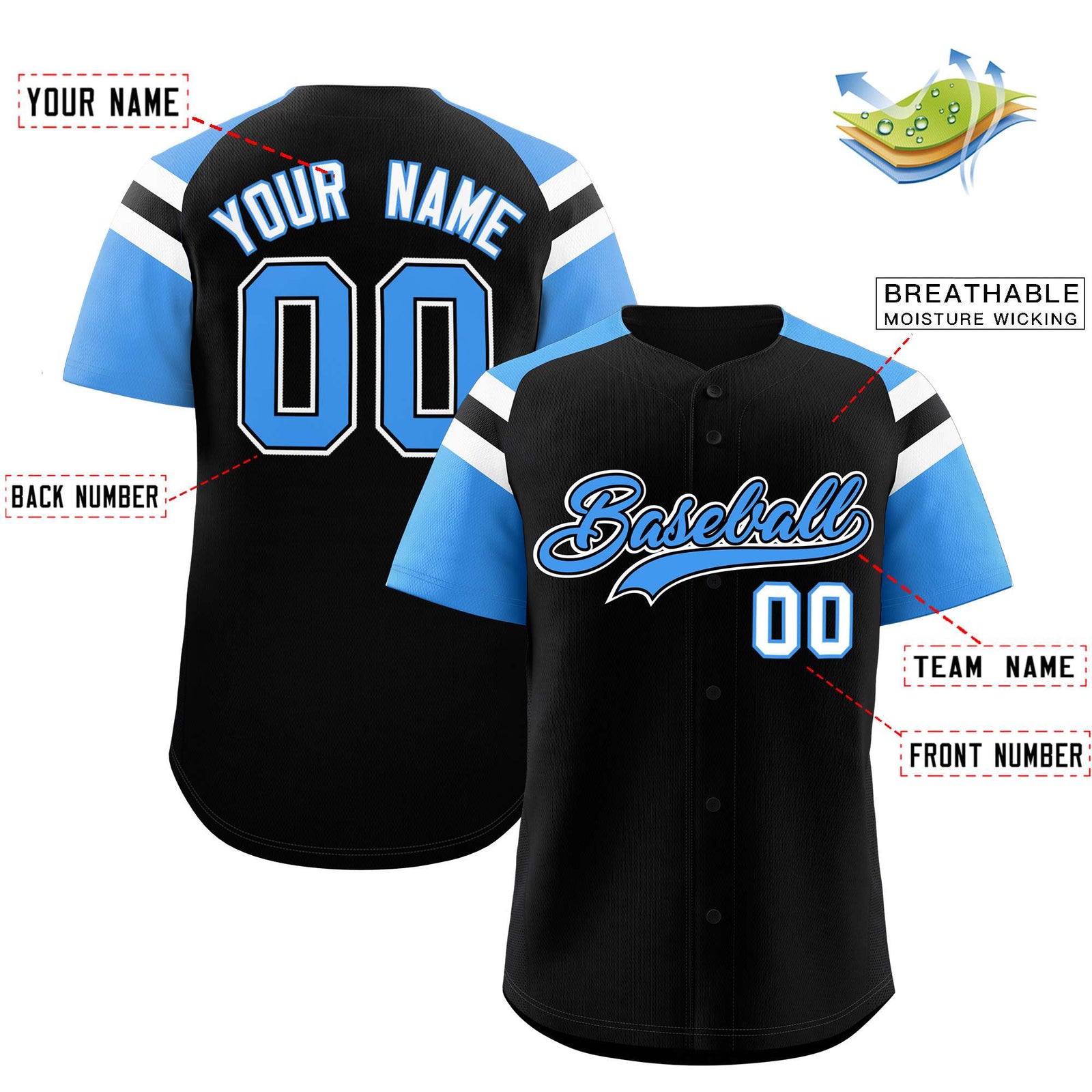 Custom Black Powder Blue Contrast Raglan Sleeves Authentic Baseball Jersey
