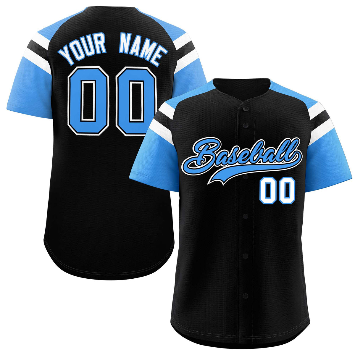 Custom Black Powder Blue Contrast Raglan Sleeves Authentic Baseball Jersey