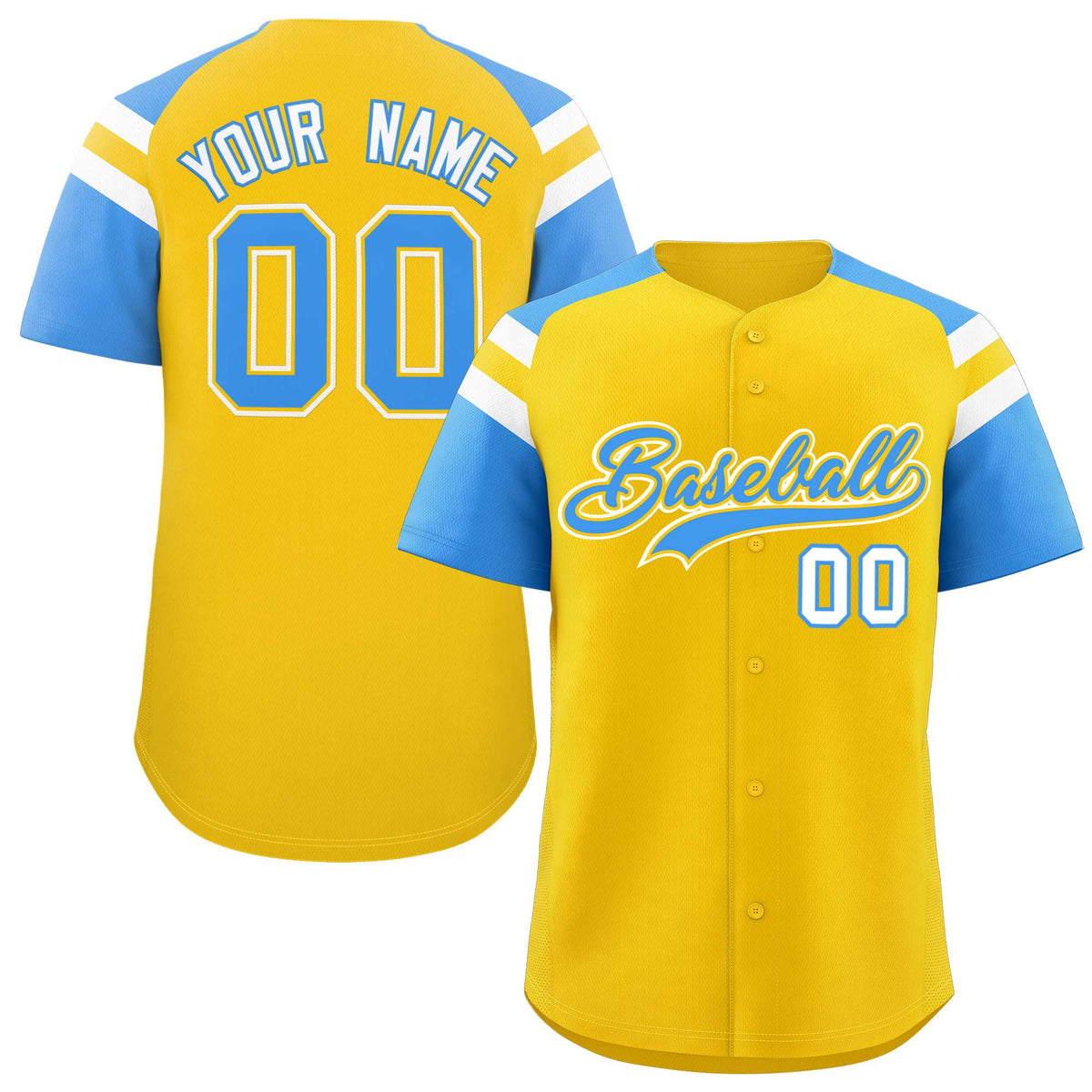 Custom Gold Powder Blue Contrast Raglan Sleeves Authentic Baseball Jersey