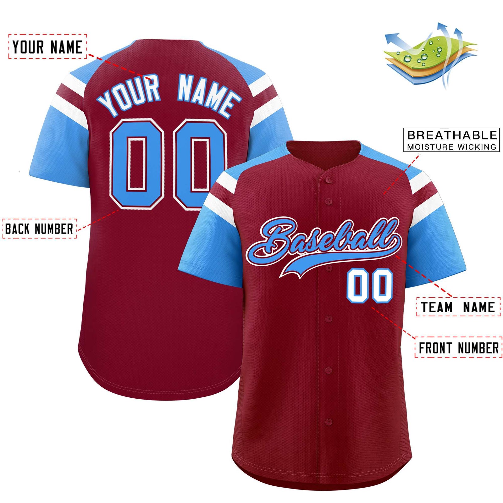 Custom Crimson Powder Blue Contrast Raglan Sleeves Authentic Baseball Jersey