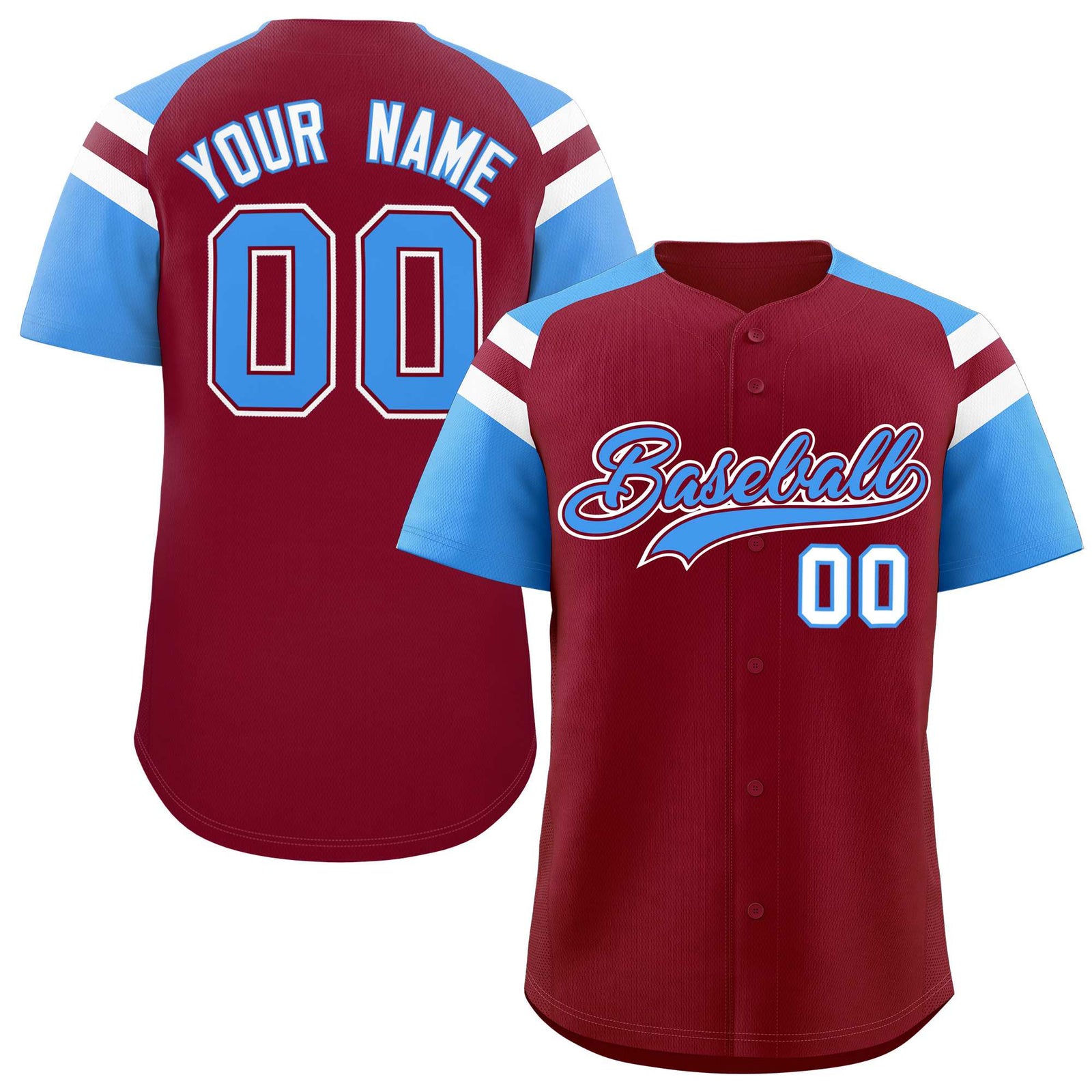 Custom Crimson Powder Blue Contrast Raglan Sleeves Authentic Baseball Jersey