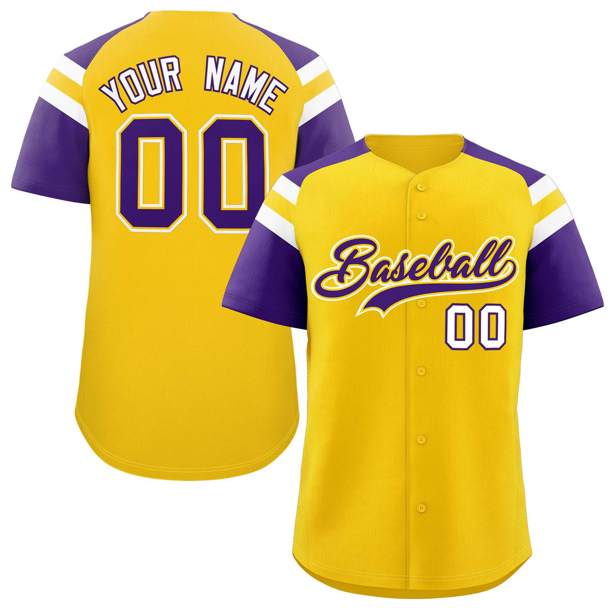 Custom Gold Purple Contrast Raglan Sleeves Authentic Baseball Jersey