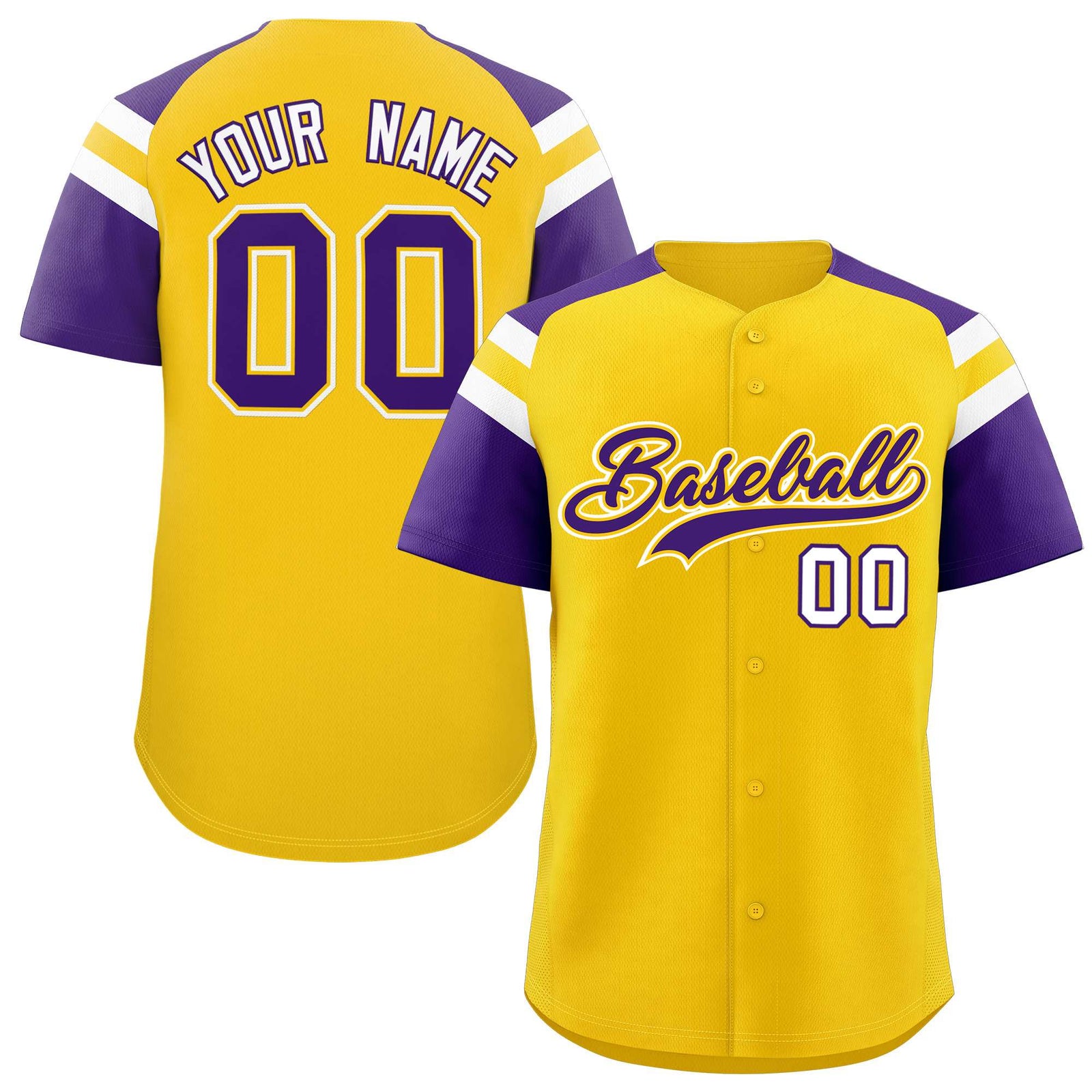 Custom Gold Purple Contrast Raglan Sleeves Authentic Baseball Jersey