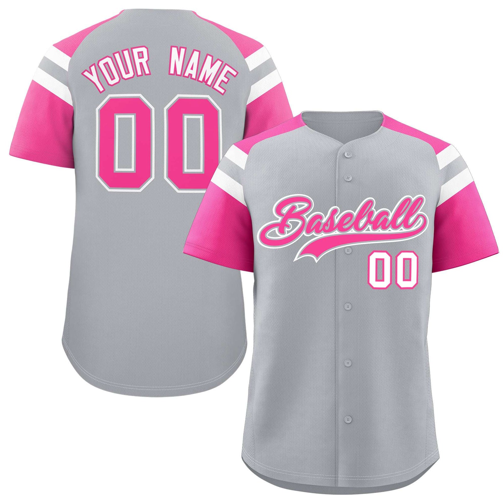 Custom Silver Pink Contrast Raglan Sleeves Authentic Baseball Jersey