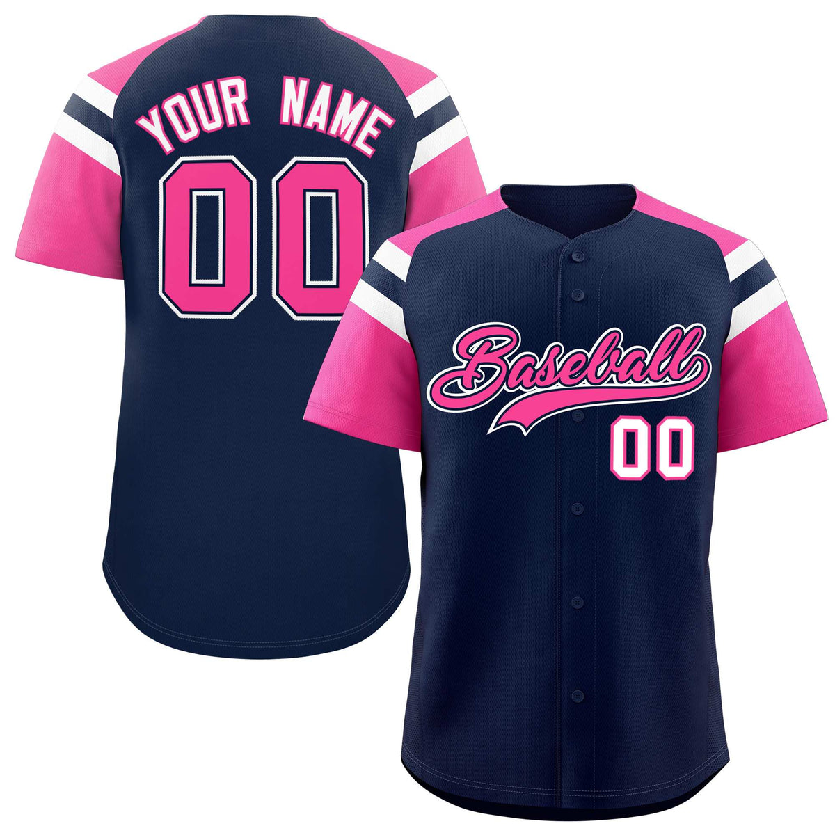 Custom Navy Pink Contrast Raglan Sleeves Authentic Baseball Jersey