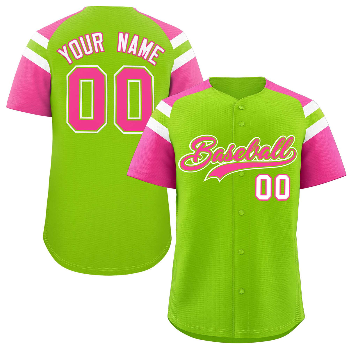 Custom Neon Green Pink Contrast Raglan Sleeves Authentic Baseball Jersey