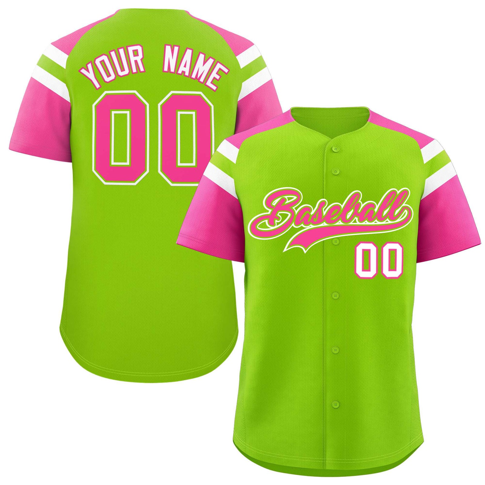 Custom Neon Green Pink Contrast Raglan Sleeves Authentic Baseball Jersey