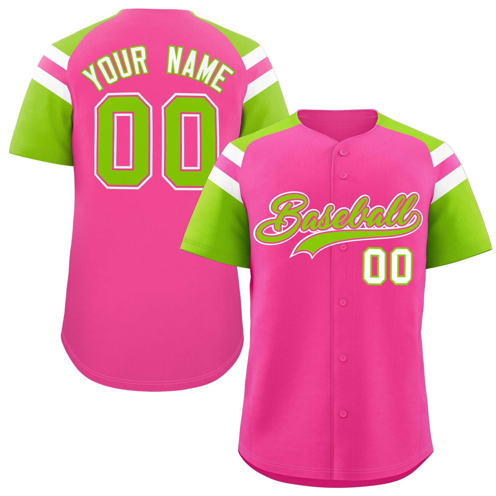 Custom Pink Neon Green Contrast Raglan Sleeves Authentic Baseball Jersey