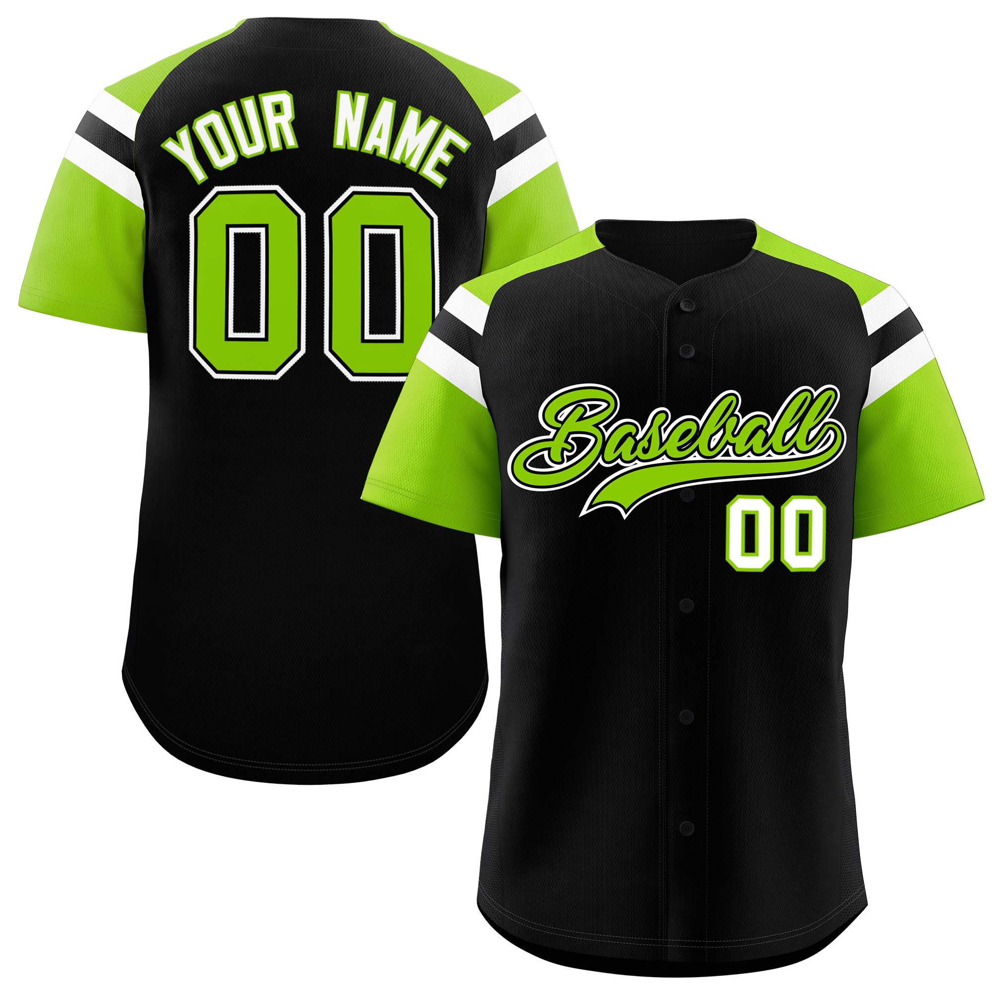 Custom Black Neon Green Contrast Raglan Sleeves Authentic Baseball Jersey