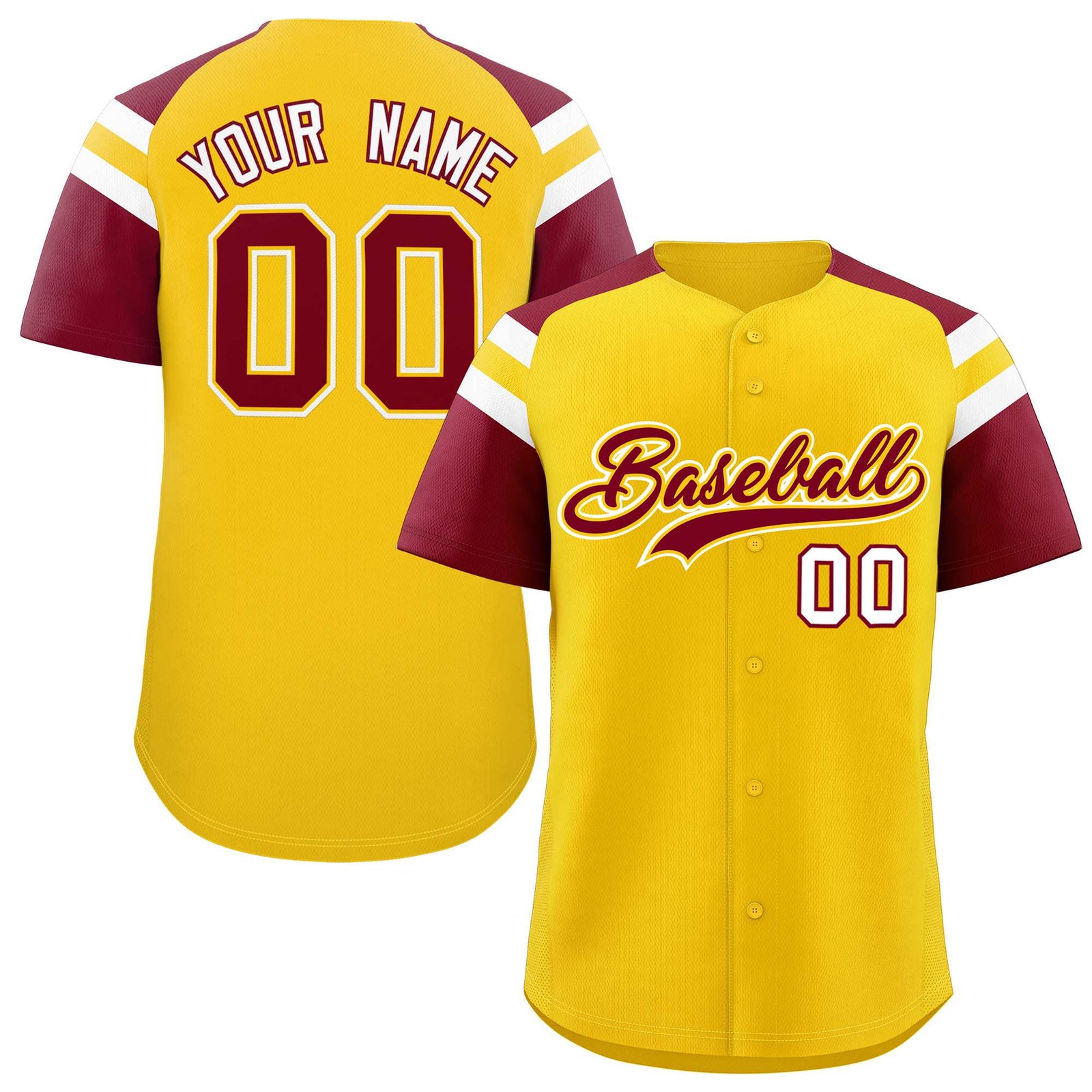Custom Gold Crimson Contrast Raglan Sleeves Authentic Baseball Jersey
