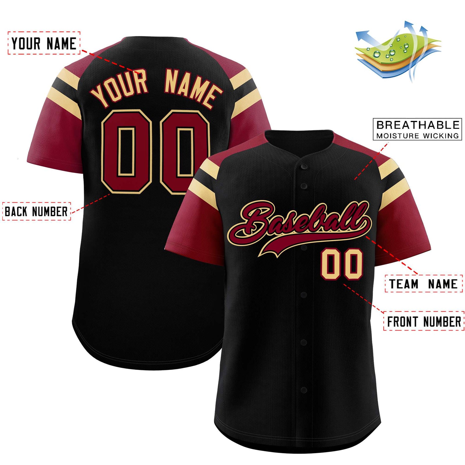 Custom Black Crimson Contrast Raglan Sleeves Authentic Baseball Jersey