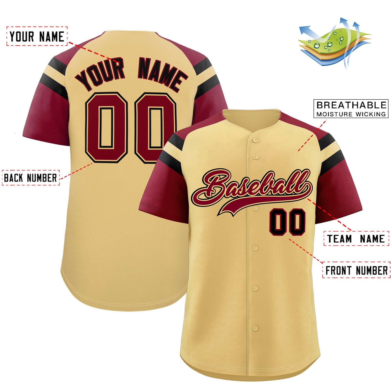 Custom Khaki Crimson Contrast Raglan Sleeves Authentic Baseball Jersey