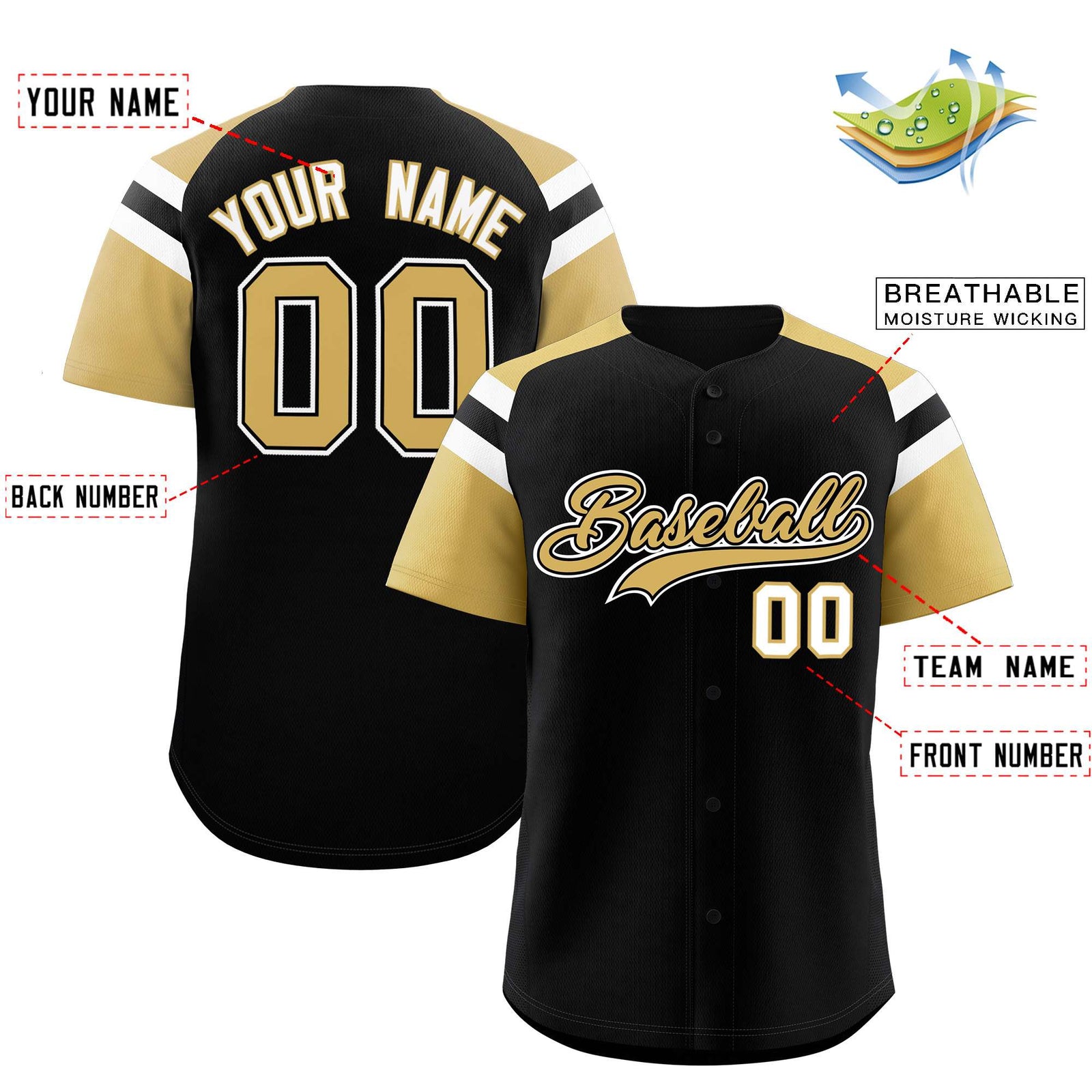 Custom Black Old Gold Contrast Raglan Sleeves Authentic Baseball Jersey