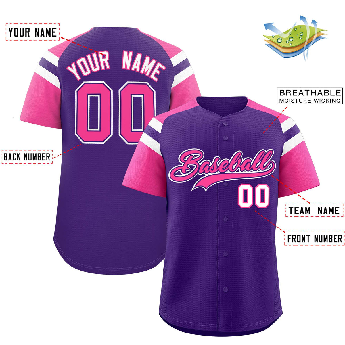 Custom Purple Pink Contrast Raglan Sleeves Authentic Baseball Jersey