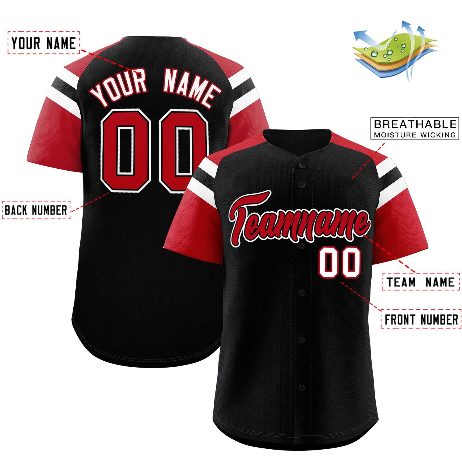 Custom Black Red Contrast Raglan Sleeves Authentic Baseball Jersey