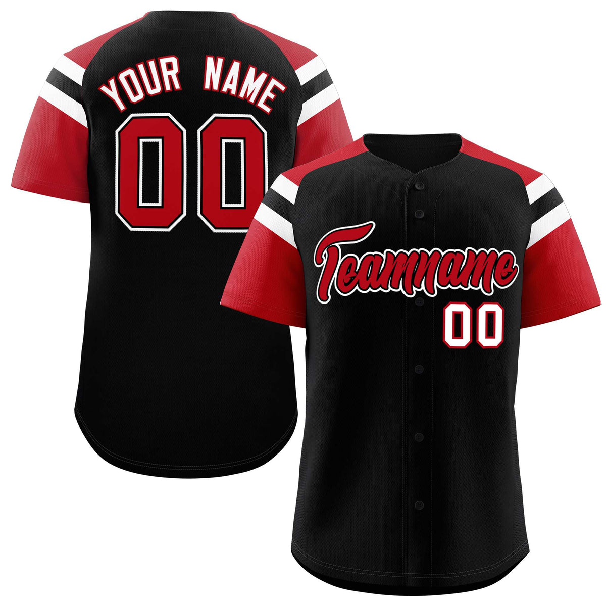 Custom Black Red Contrast Raglan Sleeves Authentic Baseball Jersey
