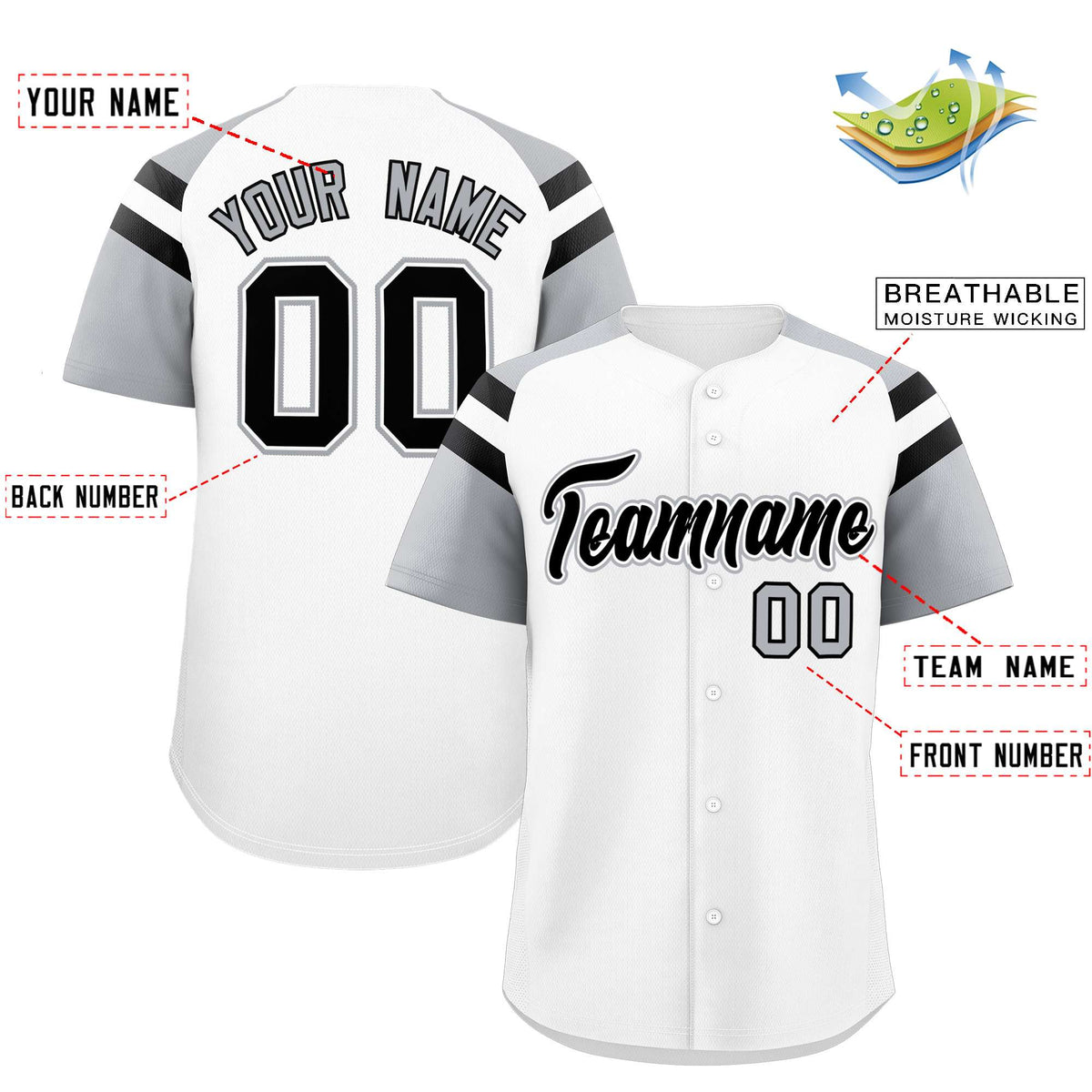 Custom White Silver Contrast Raglan Sleeves Authentic Baseball Jersey