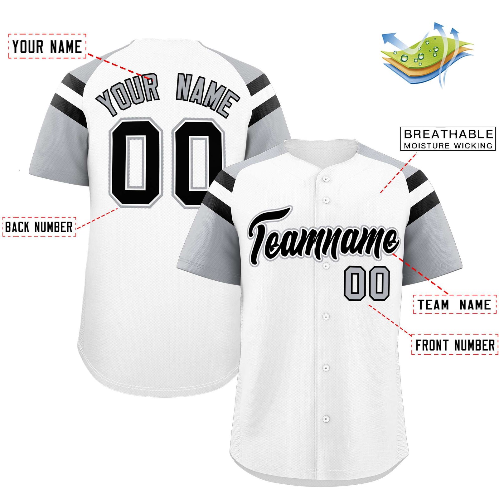 Custom White Silver Contrast Raglan Sleeves Authentic Baseball Jersey