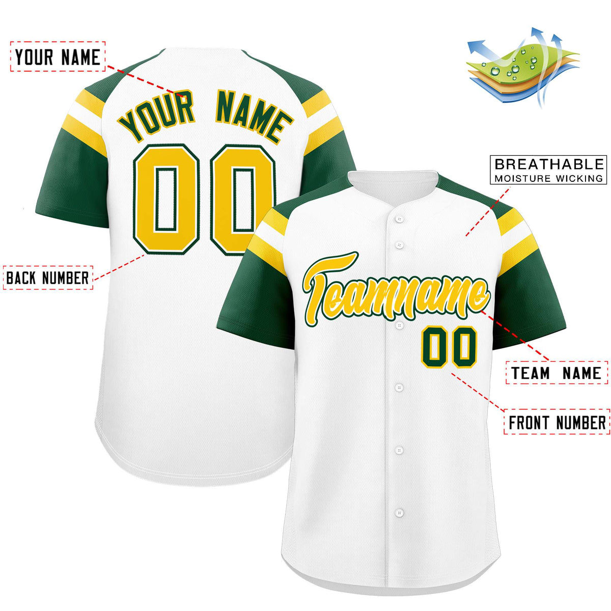 Custom White Green Contrast Raglan Sleeves Authentic Baseball Jersey