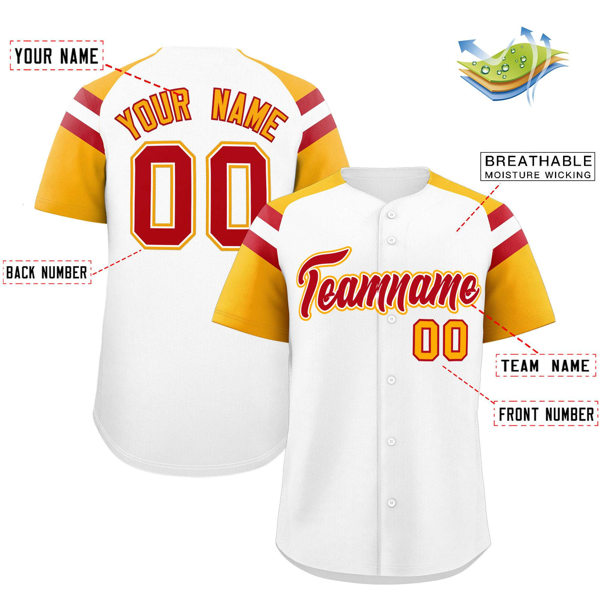 Custom White Yellow Contrast Raglan Sleeves Authentic Baseball Jersey