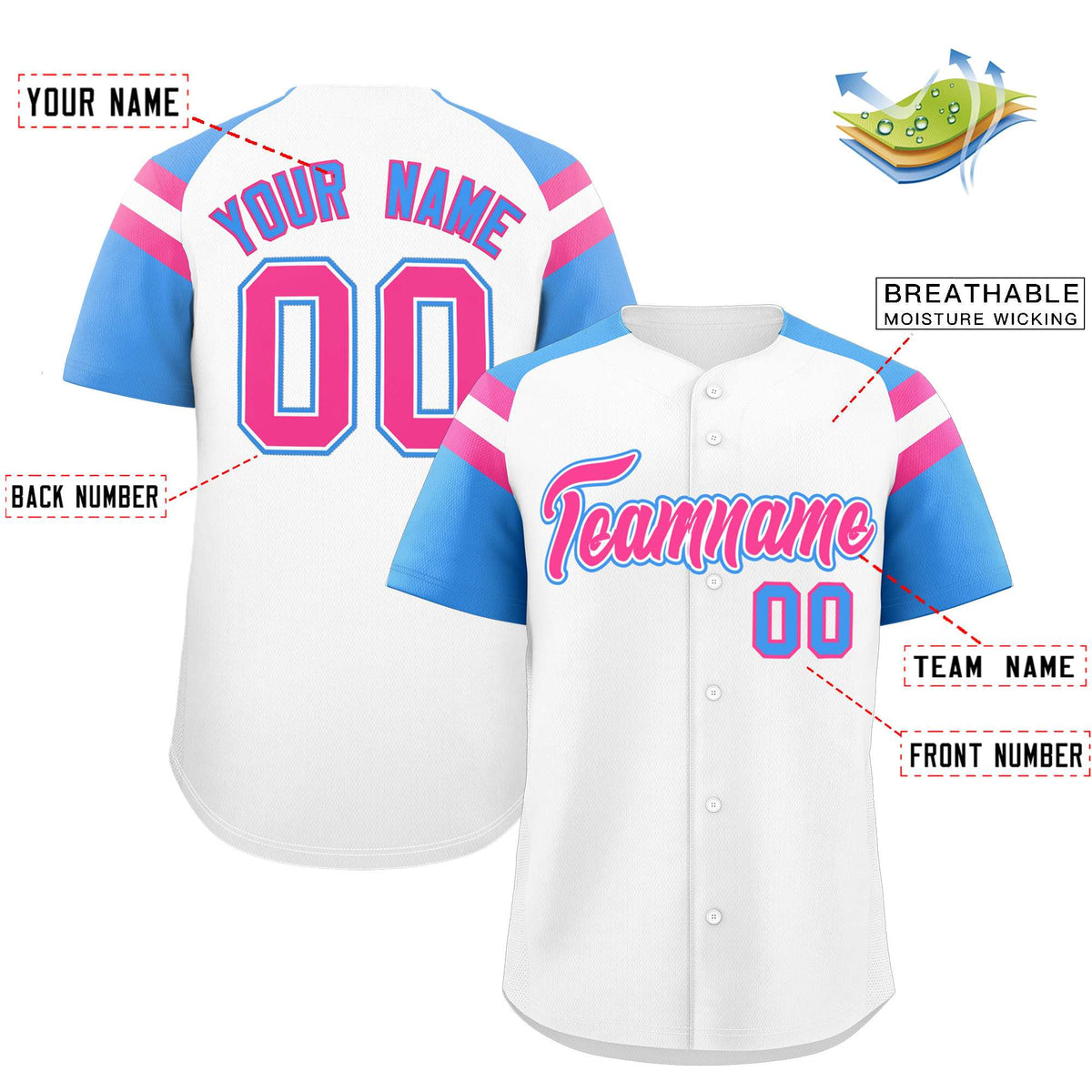 Custom White Powder Blue Contrast Raglan Sleeves Authentic Baseball Jersey