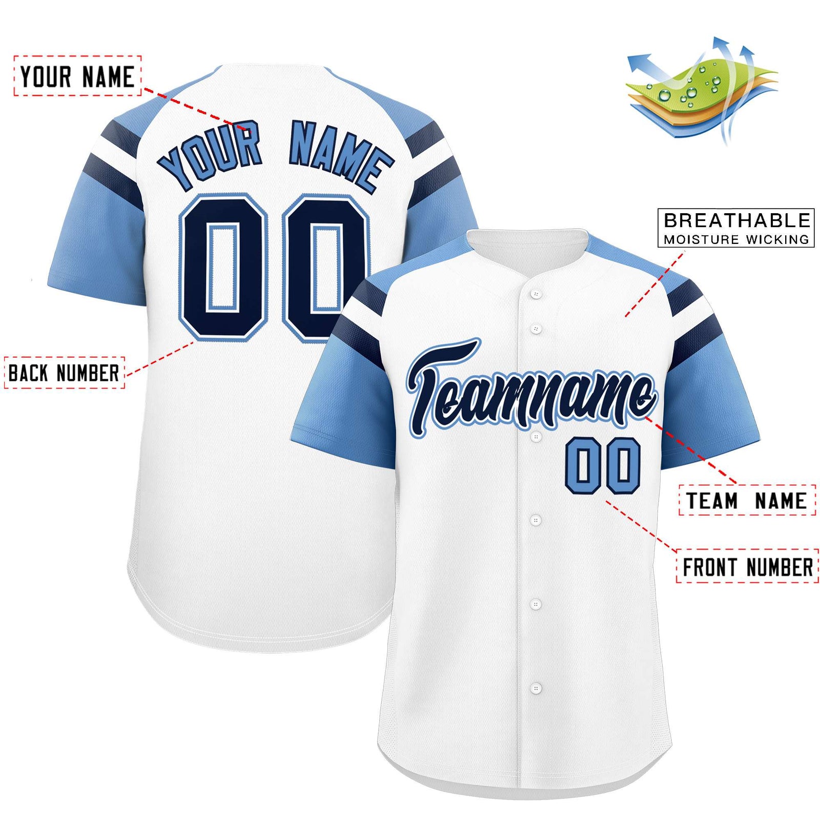 Custom White Light Blue Contrast Raglan Sleeves Authentic Baseball Jersey