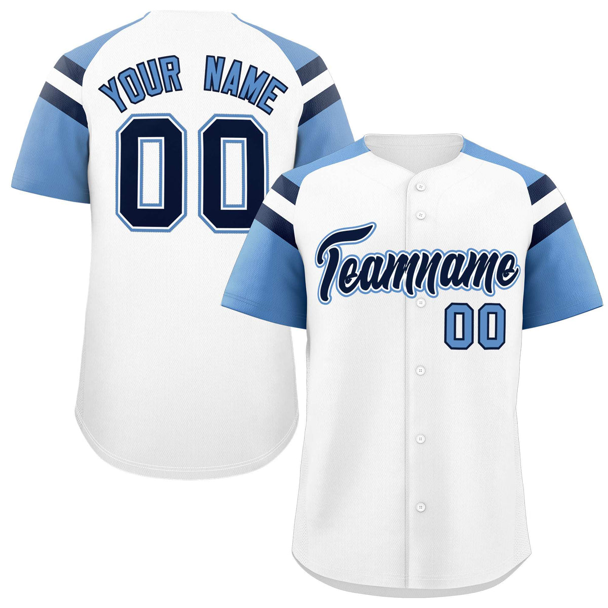 Custom White Light Blue Contrast Raglan Sleeves Authentic Baseball Jersey