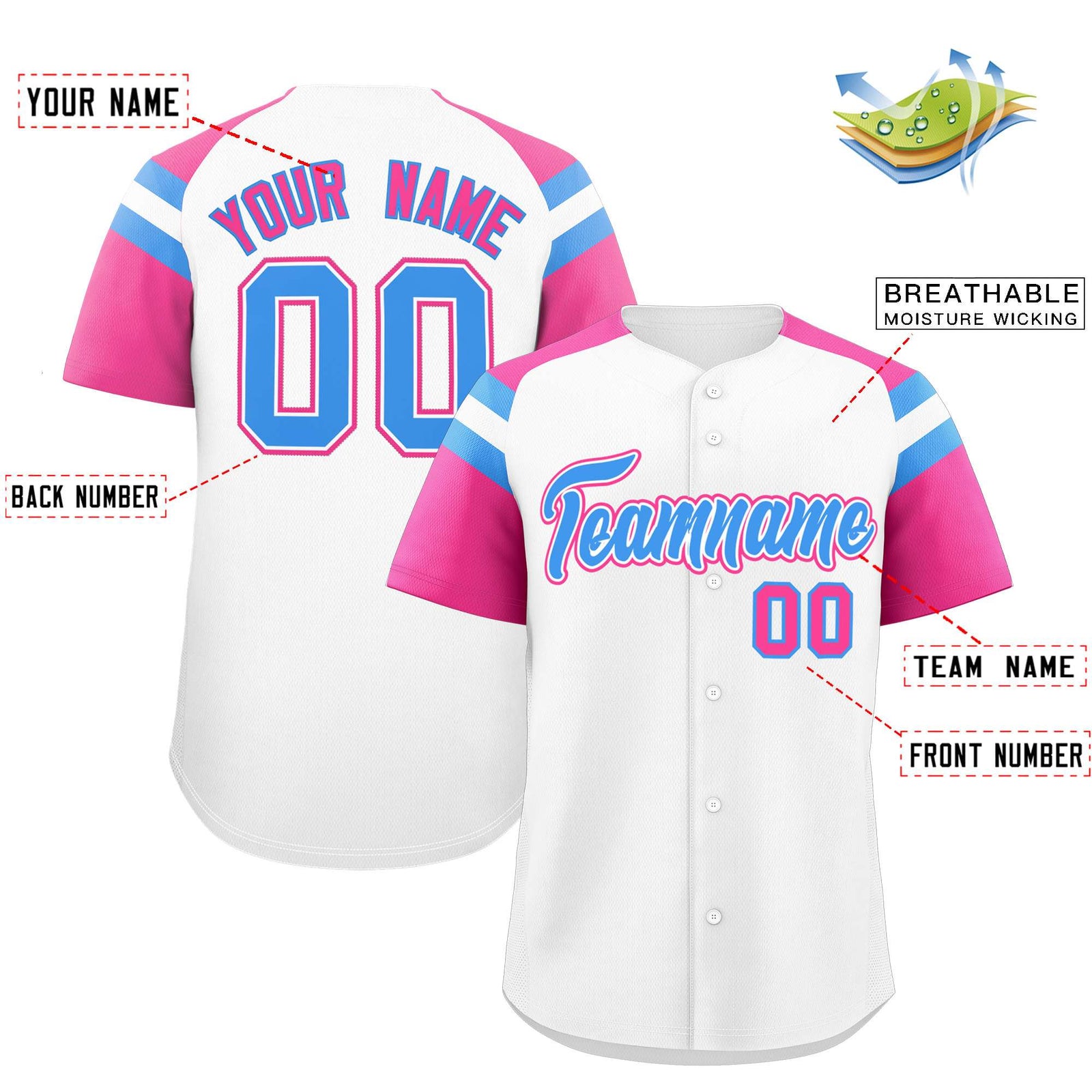 Custom White Pink Contrast Raglan Sleeves Authentic Baseball Jersey