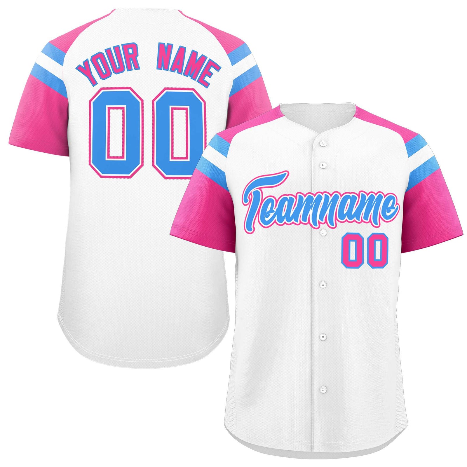 Custom White Pink Contrast Raglan Sleeves Authentic Baseball Jersey