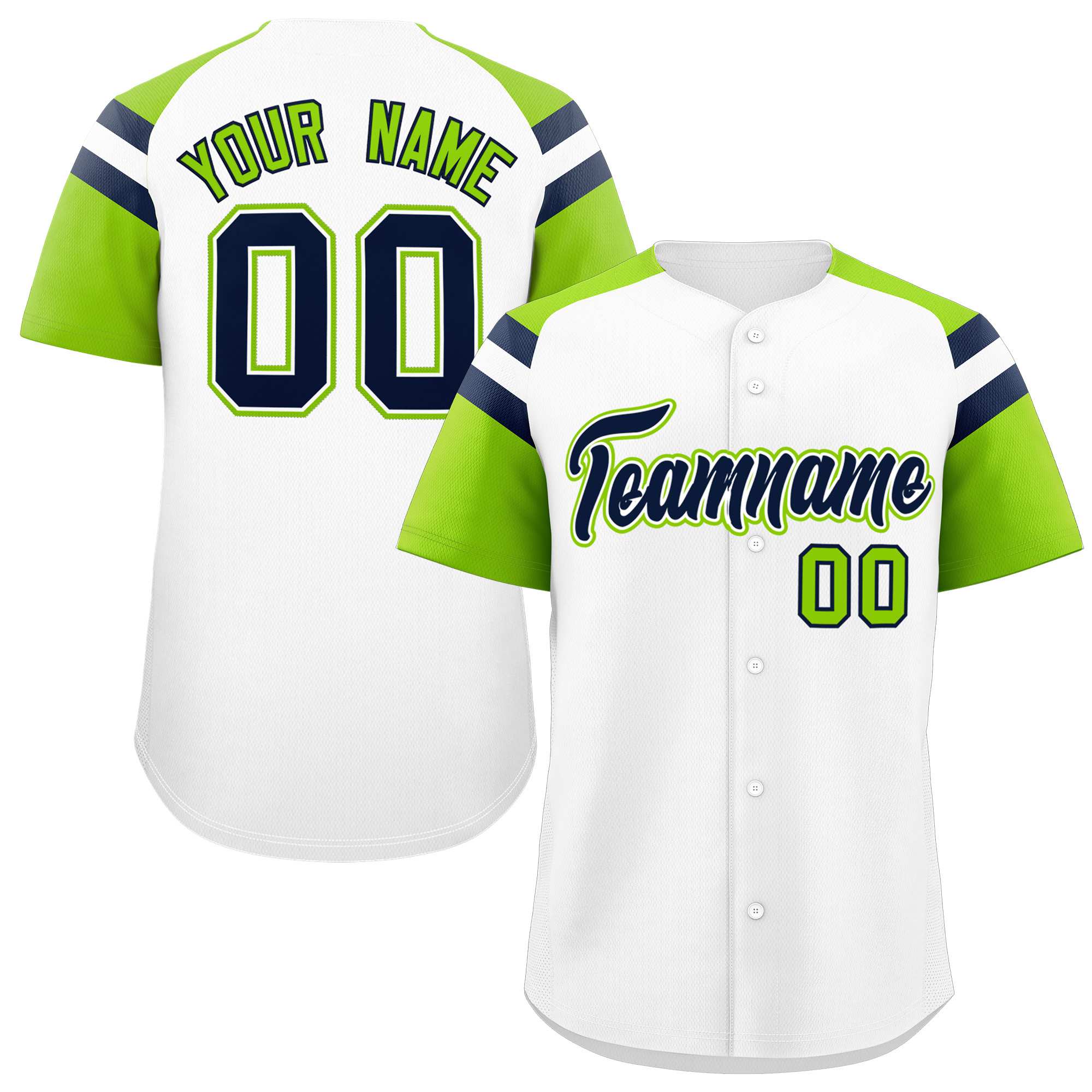 Custom White Neon Green Contrast Raglan Sleeves Authentic Baseball Jersey