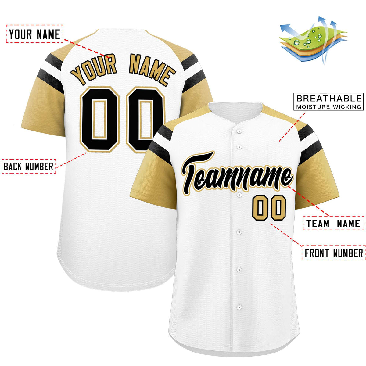 Custom White Old Gold Contrast Raglan Sleeves Authentic Baseball Jersey