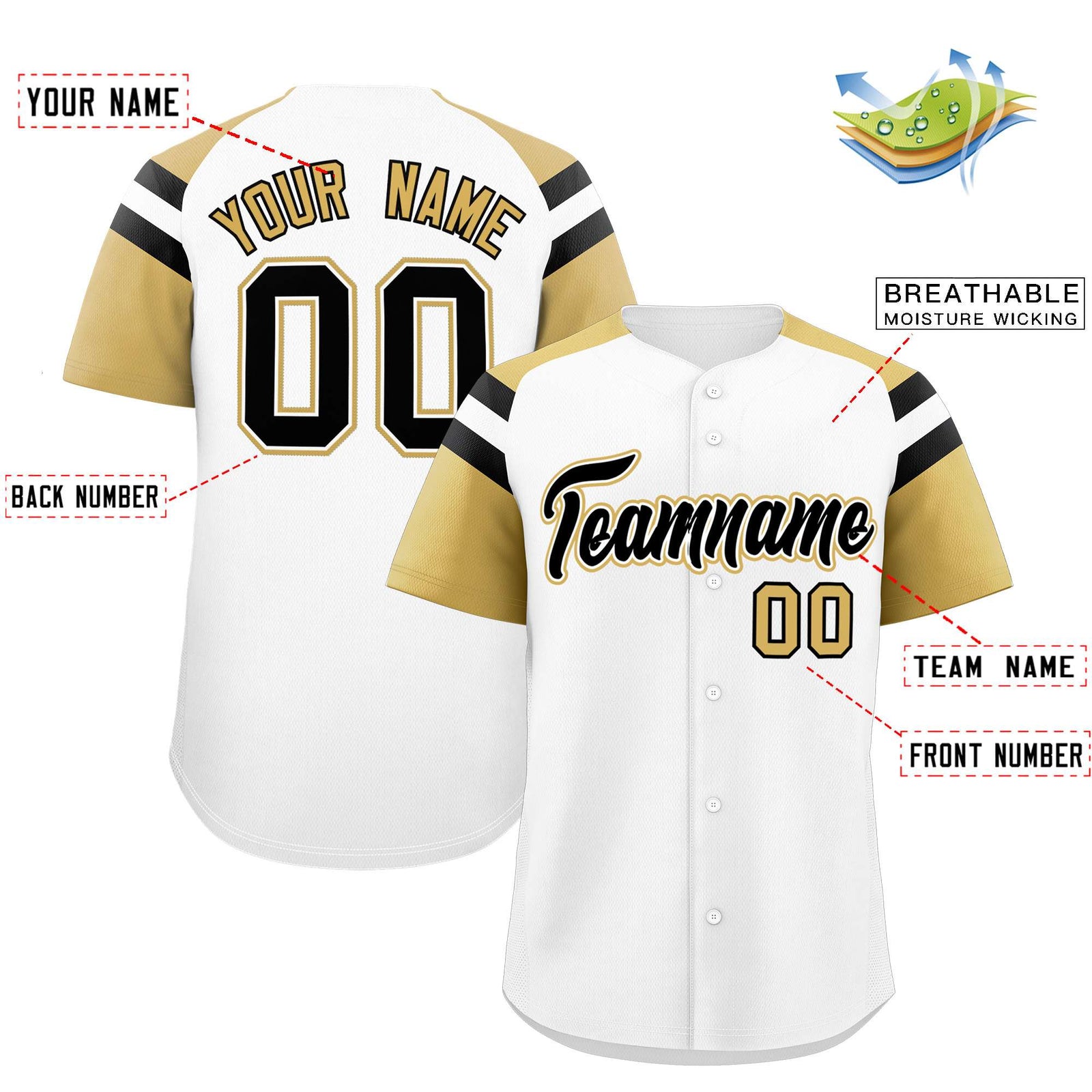 Custom White Old Gold Contrast Raglan Sleeves Authentic Baseball Jersey