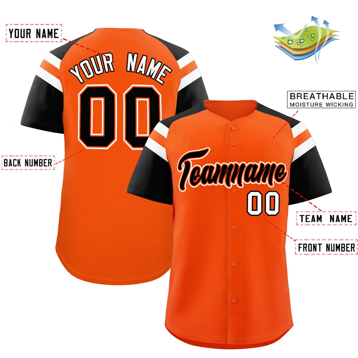 Custom Orange Black Contrast Raglan Sleeves Authentic Baseball Jersey