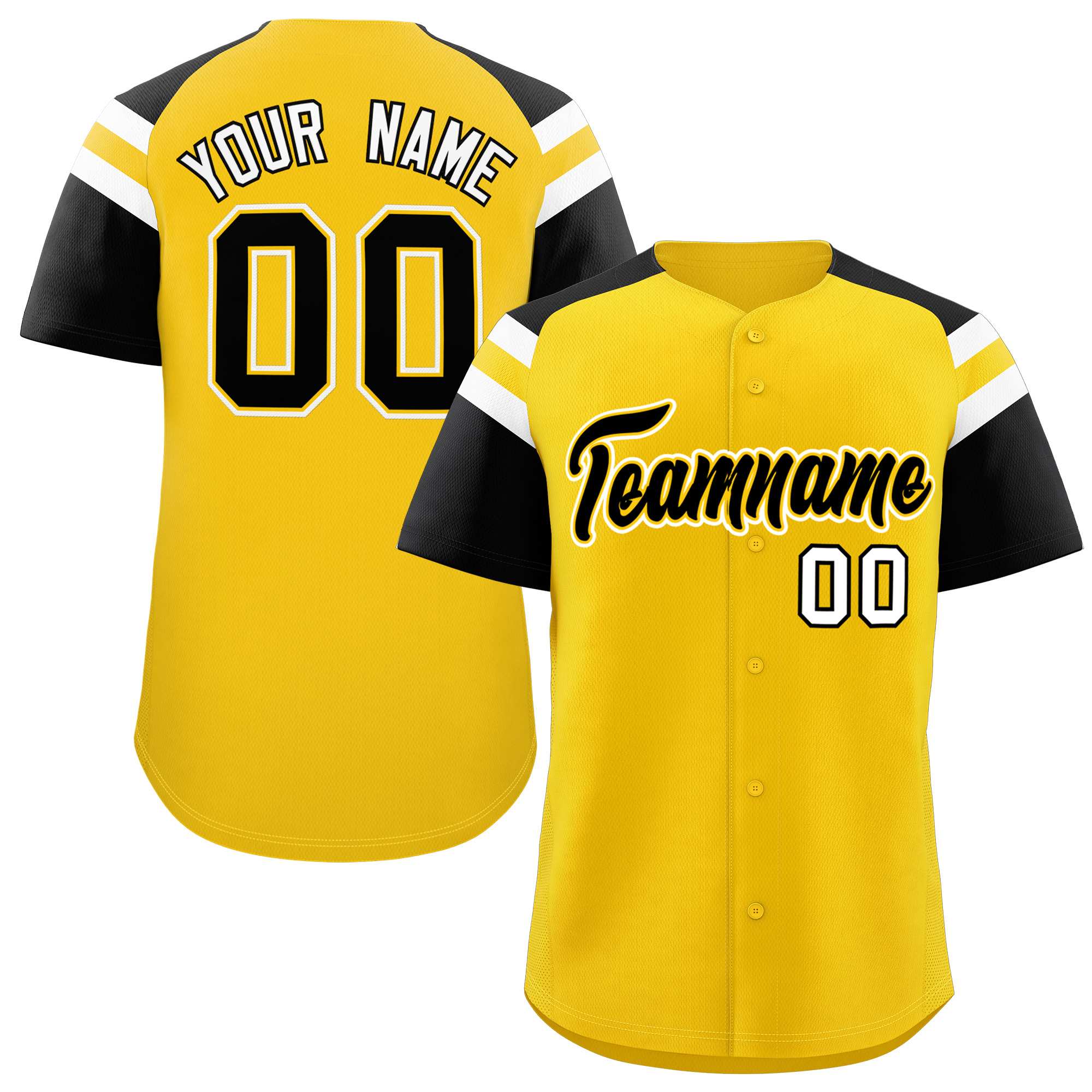 Custom Gold Black Contrast Raglan Sleeves Authentic Baseball Jersey