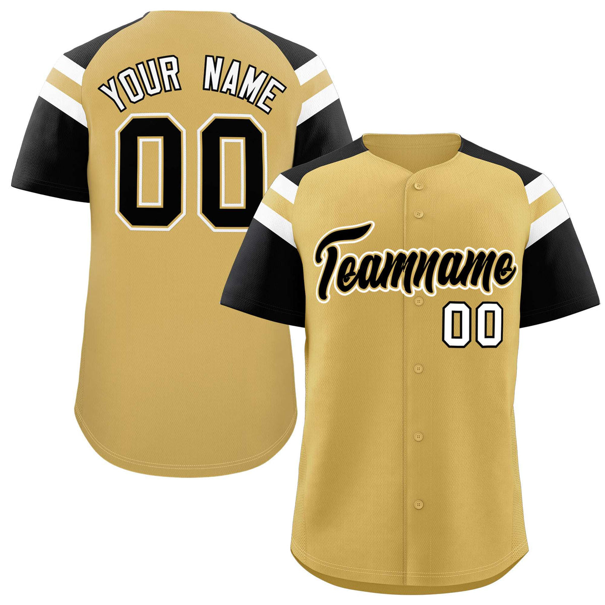 Custom Old Gold Black Contrast Raglan Sleeves Authentic Baseball Jersey