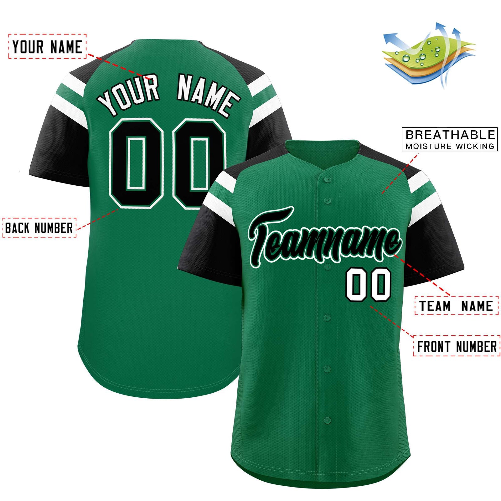 Custom Kelly Green Black Contrast Raglan Sleeves Authentic Baseball Jersey