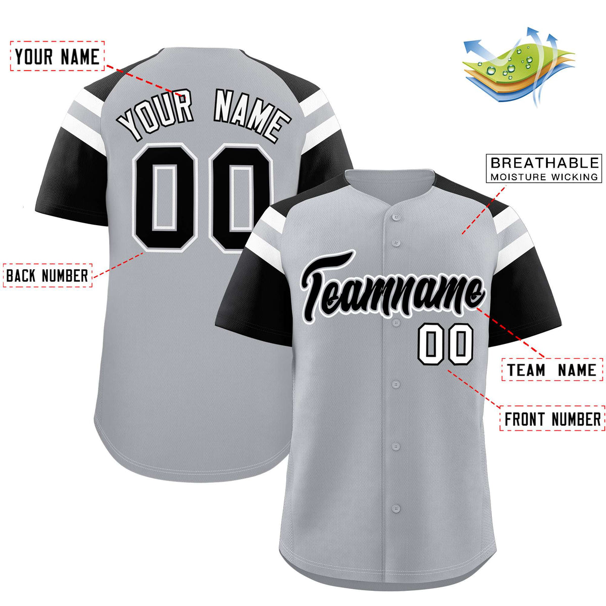 Custom Silver Black Contrast Raglan Sleeves Authentic Baseball Jersey