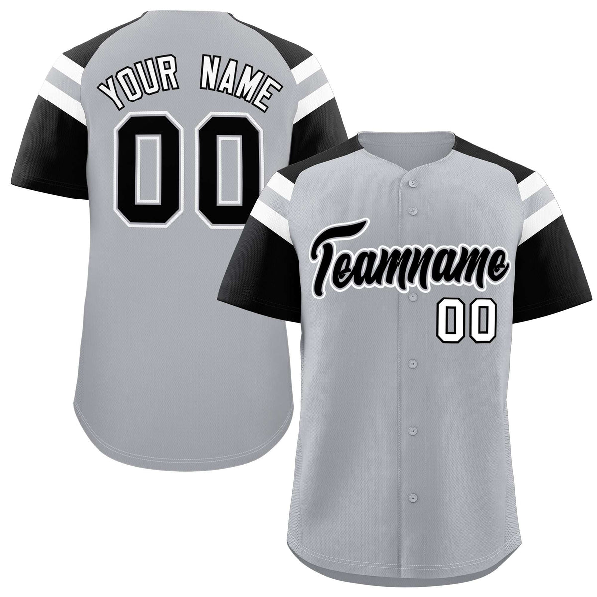 Custom Silver Black Contrast Raglan Sleeves Authentic Baseball Jersey