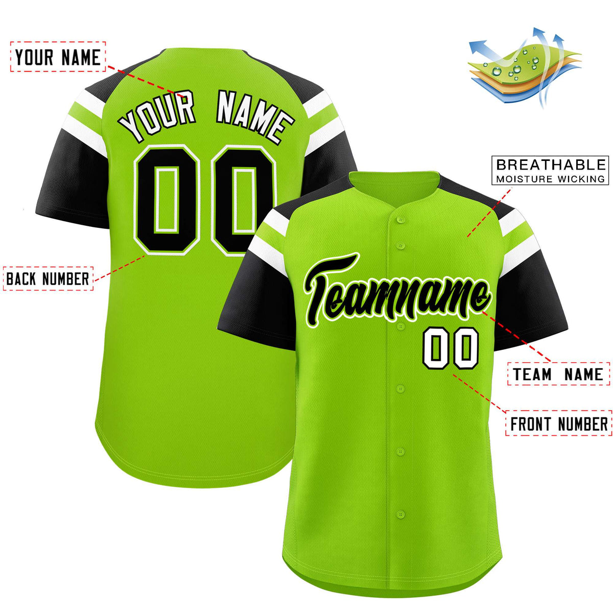 Custom Neon Green Black Contrast Raglan Sleeves Authentic Baseball Jersey