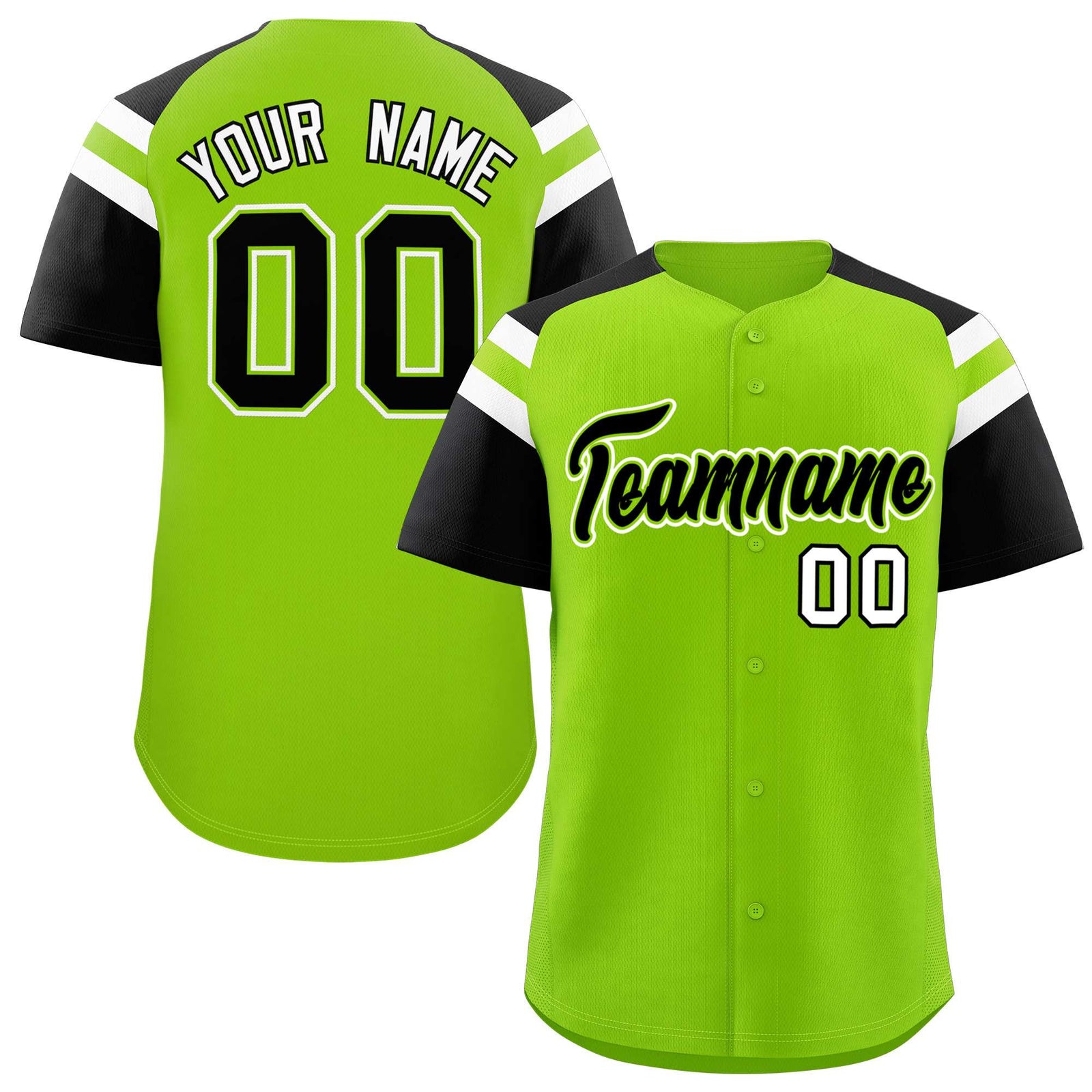 Custom Neon Green Black Contrast Raglan Sleeves Authentic Baseball Jersey