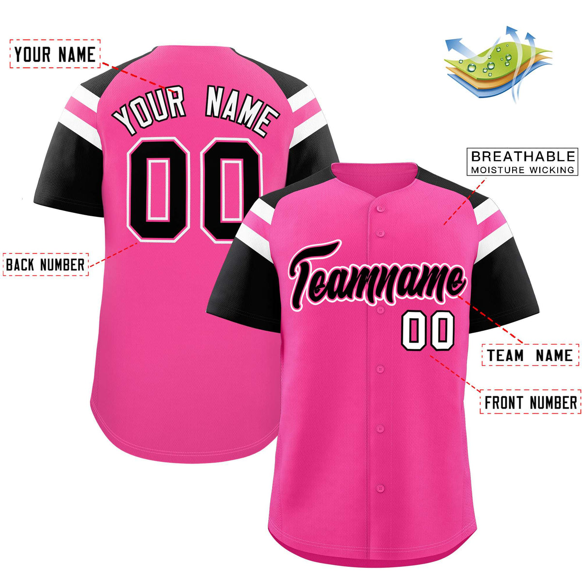 Custom Pink Black Contrast Raglan Sleeves Authentic Baseball Jersey