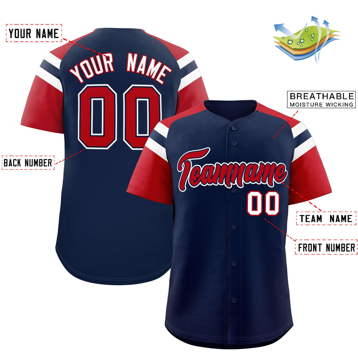 Custom Navy Red Contrast Raglan Sleeves Authentic Baseball Jersey