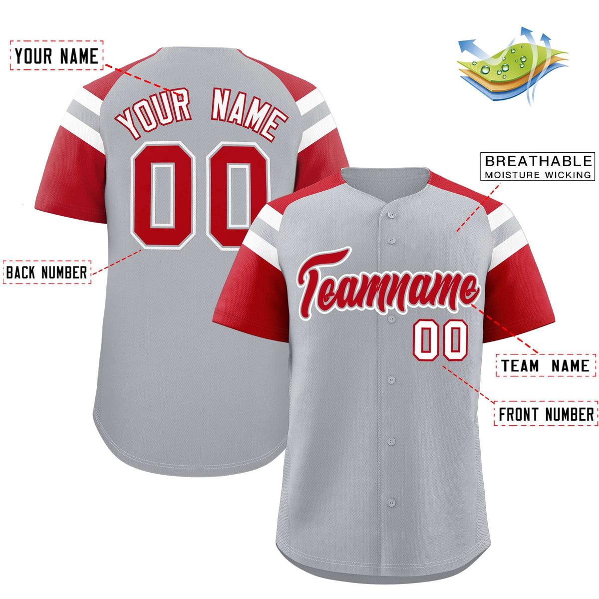 Custom Silver Red Contrast Raglan Sleeves Authentic Baseball Jersey
