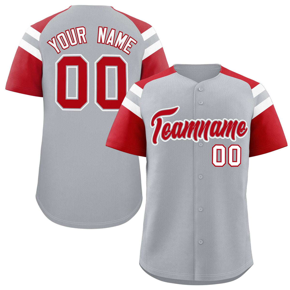 Custom Silver Red Contrast Raglan Sleeves Authentic Baseball Jersey