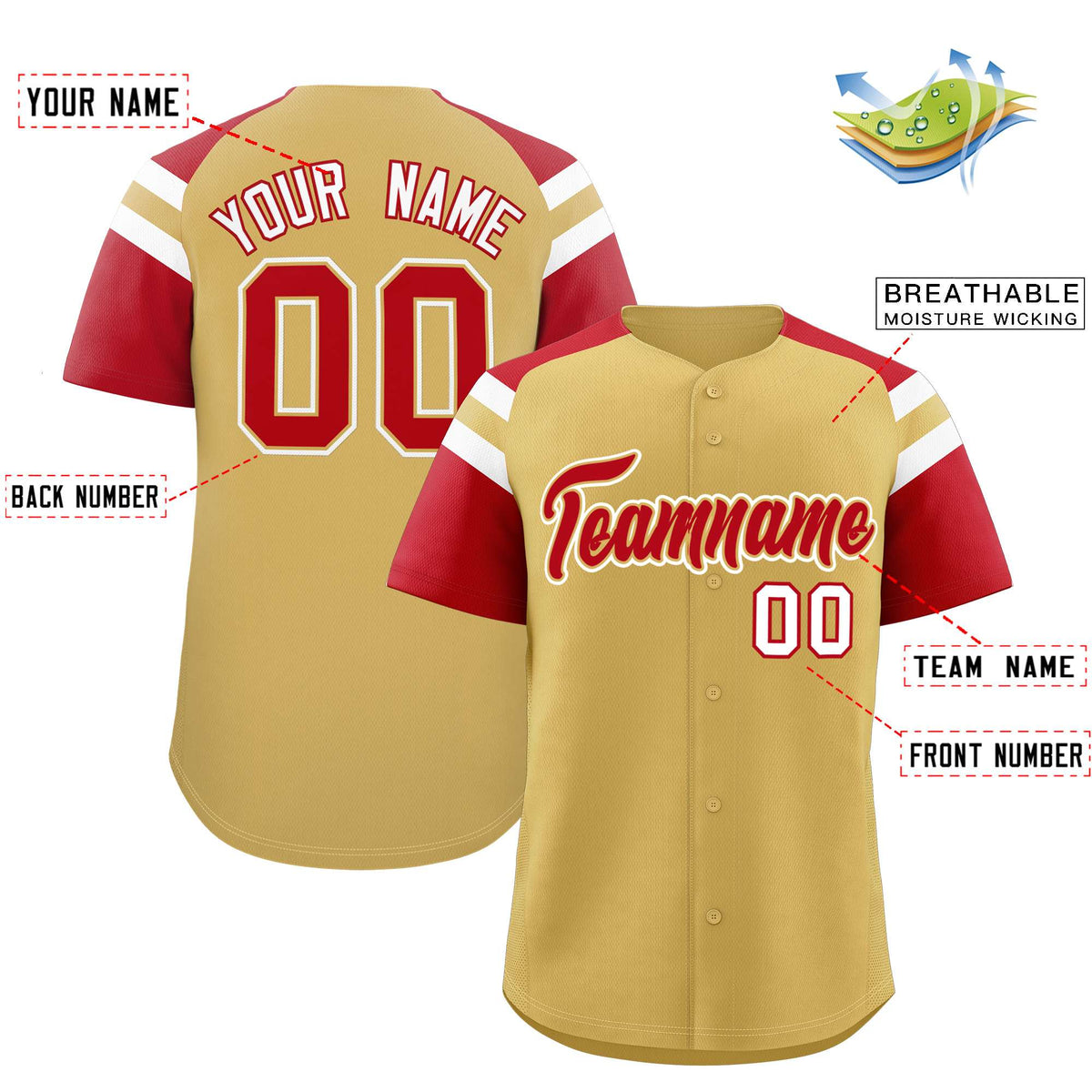 Custom Old Gold Red Contrast Raglan Sleeves Authentic Baseball Jersey