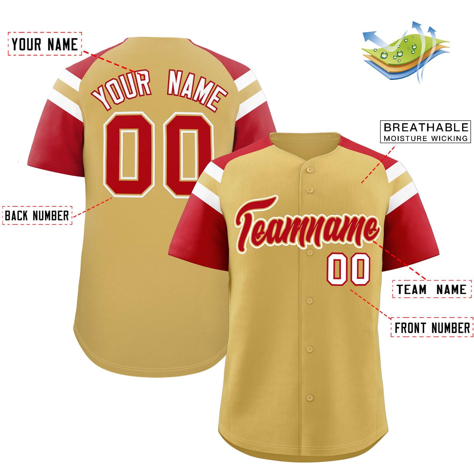 Custom Old Gold Red Contrast Raglan Sleeves Authentic Baseball Jersey
